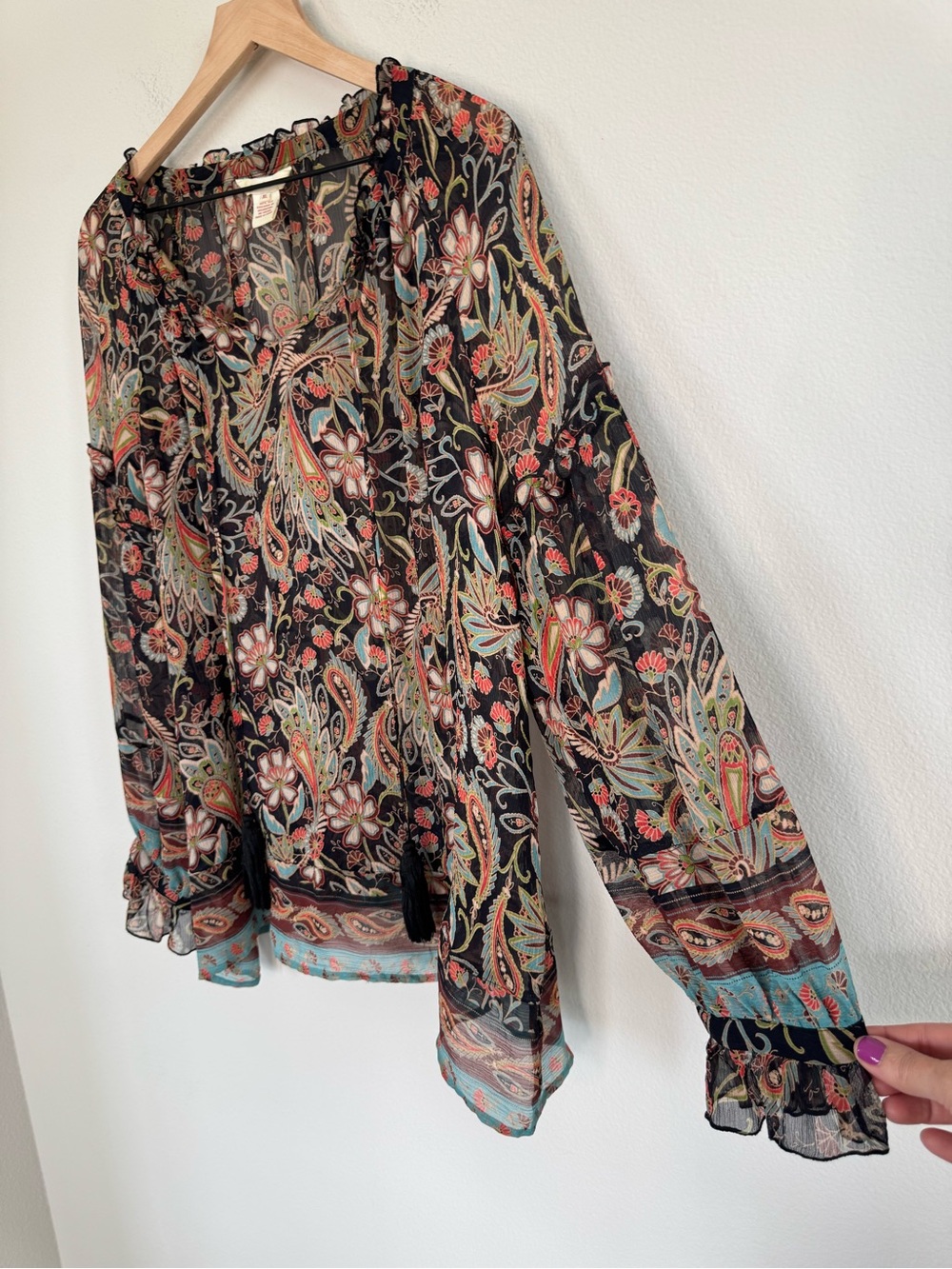 Sundance 100% Silk Boho Sheer Paisley Floral Tassel Tie Peasant Blouse XL - Picture 4 of 12